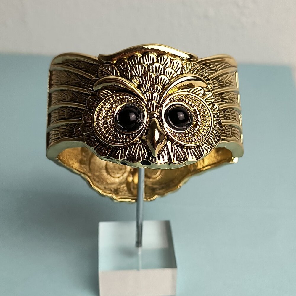 Glamour Wide Chunky Hinged Cuff Bracelet 2 Faced Owl Spirit Y2K Gold Ton…